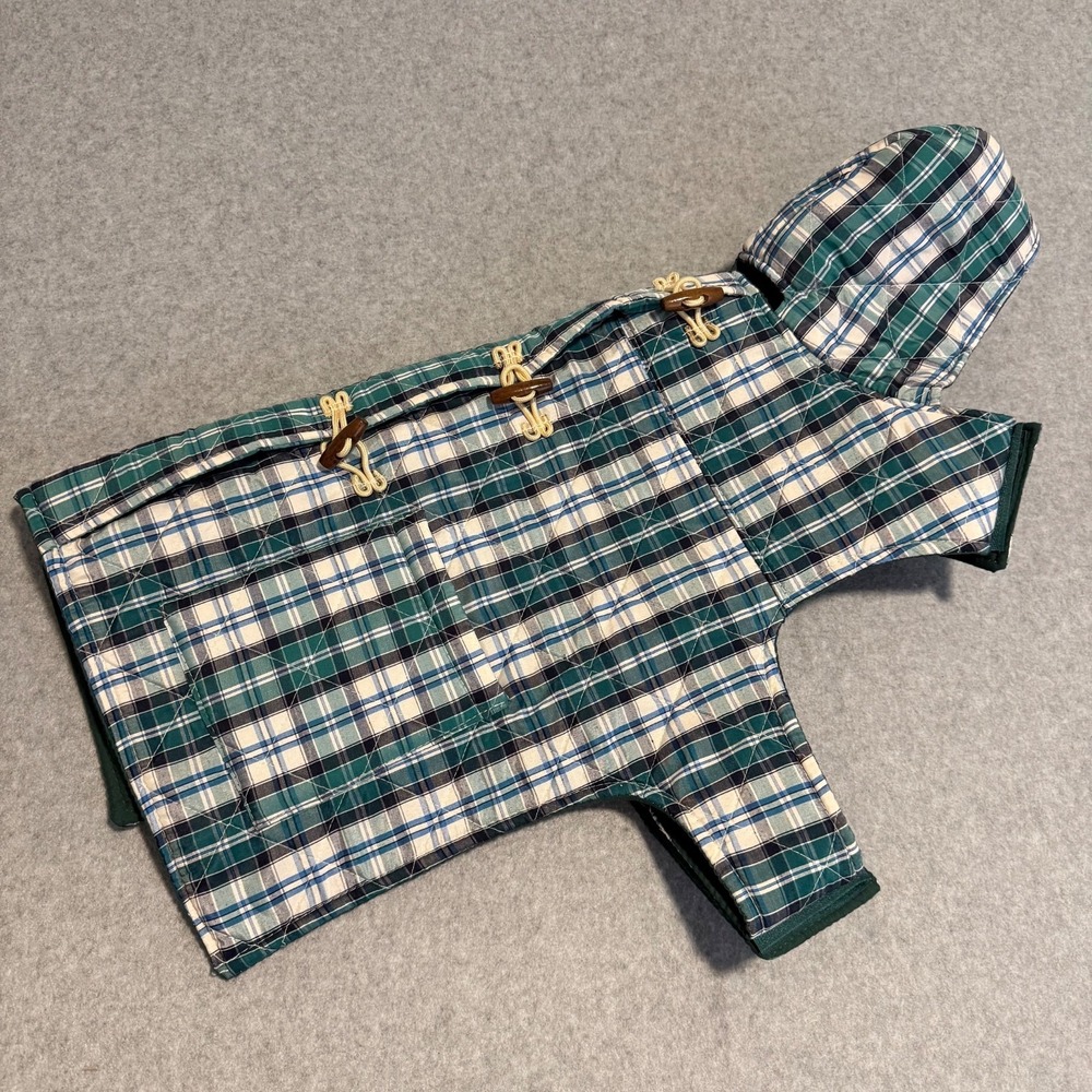 Telluride Clothing Co Green Plaid Quilted Dog Jacket Vest Coat Hooded Toggles L